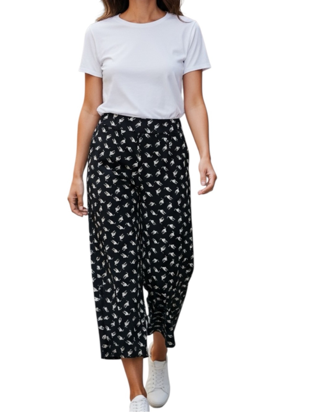 Minueto Wide-Leg Cropped Pants in Black/White with Cat Print Size L